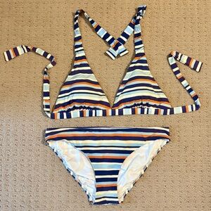 J. McLaughlin Navy, White & Orange Striped Triangle Bikini, Sz Med / Lge